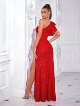 ADYCE ADYCE Sequin One Shoulder Ruffle Embellished Front Slit Cocktail Party Evening Dress For Women